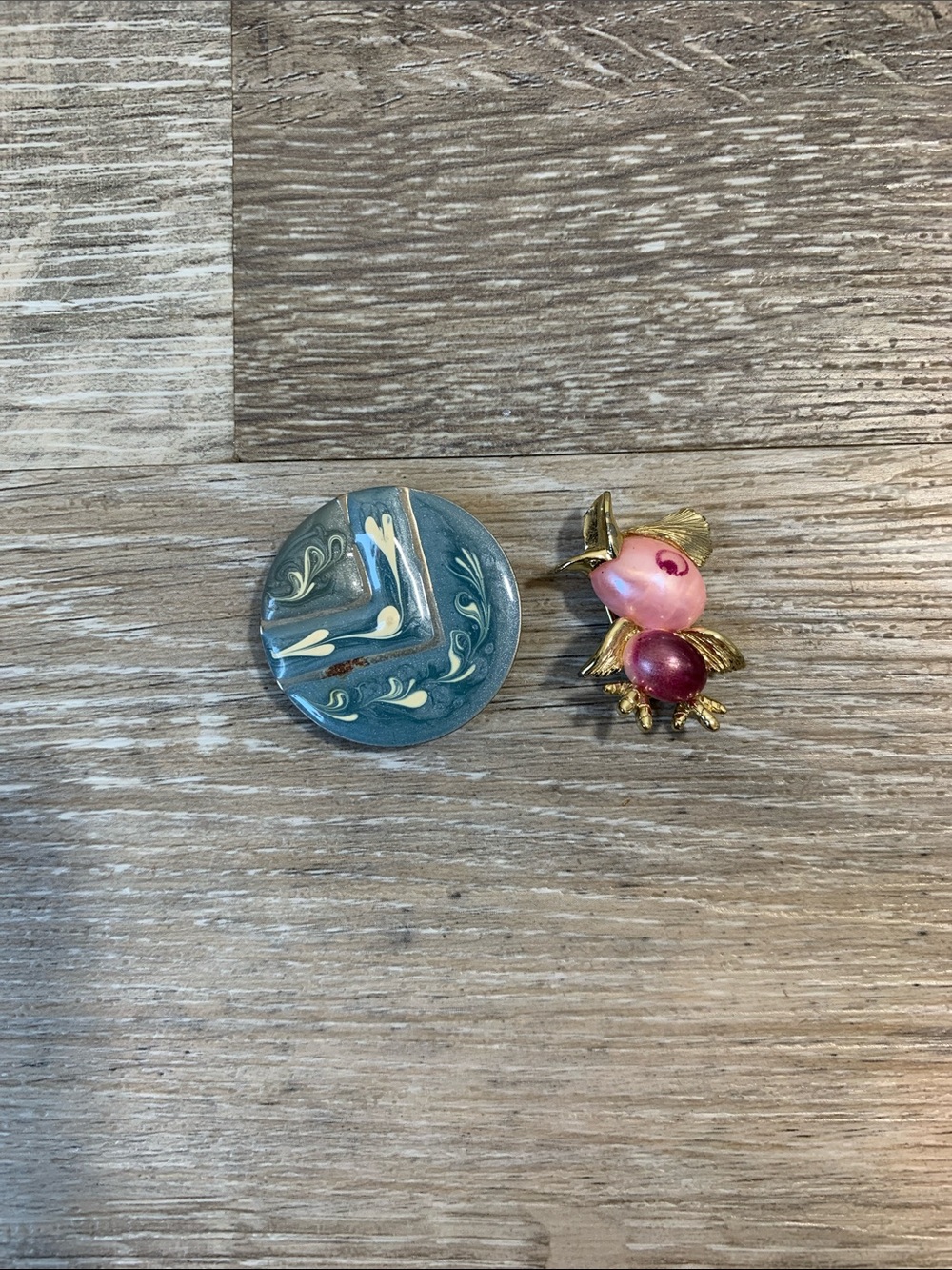 Vintage Blue Button Cover and VTG Pink Bird Brooch Set